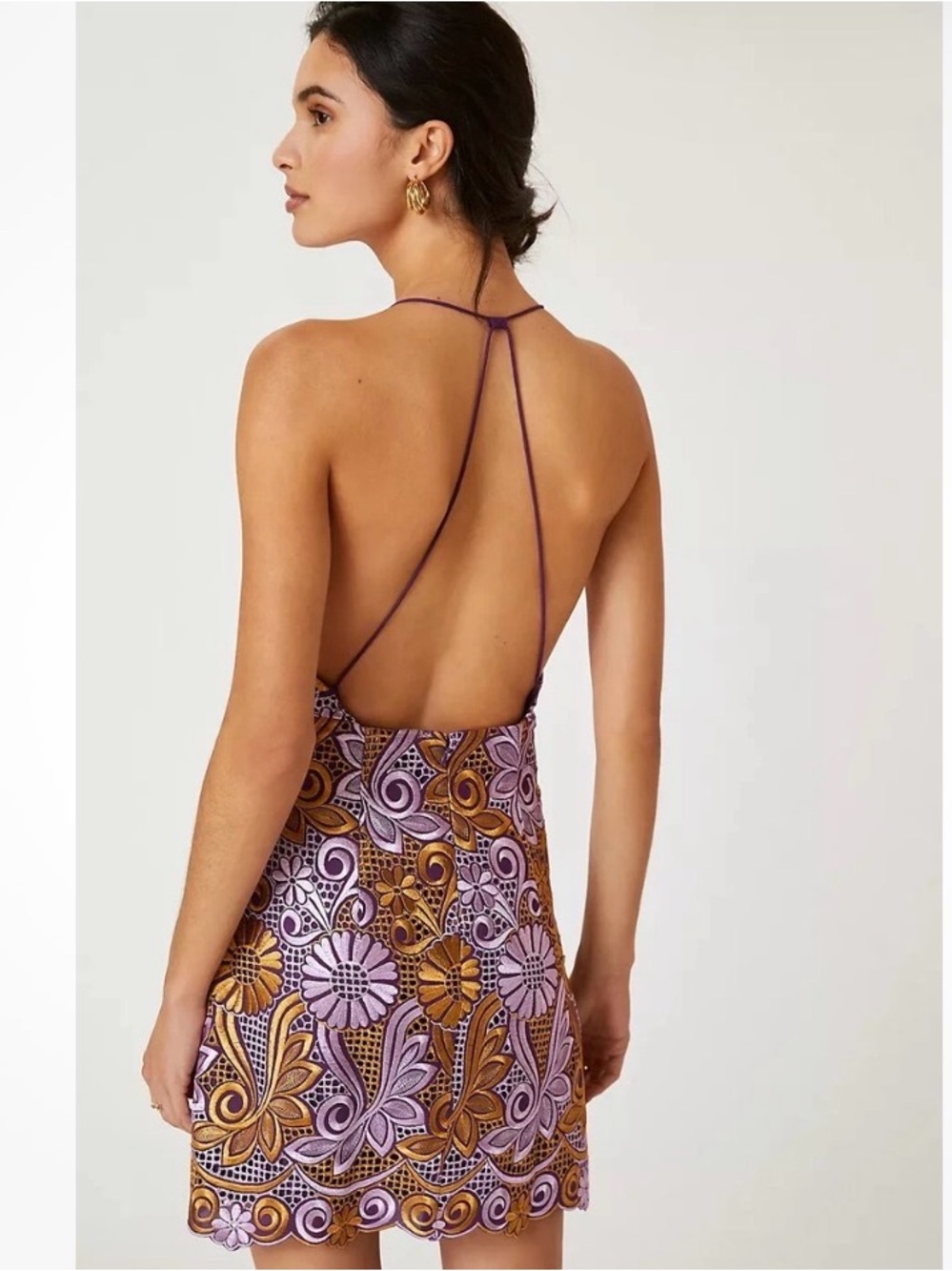 Anthropologie Purple and Mustard Embroidered Lace Halter Dress - Picture 2 of 9